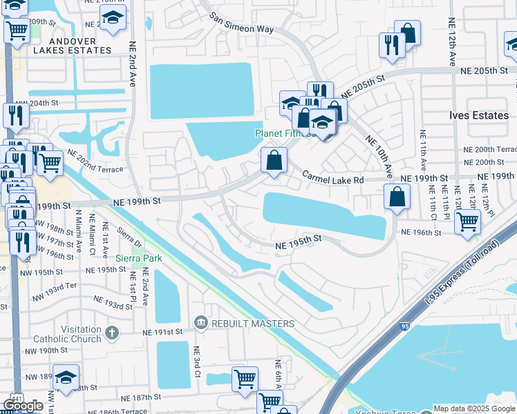map of restaurants, bars, coffee shops, grocery stores, and more near 564 Northeast 199th Terrace in Miami