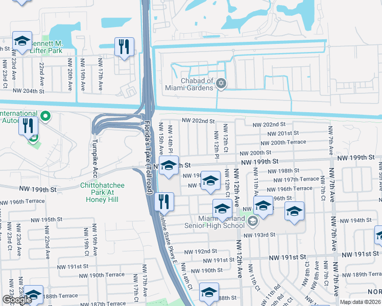 map of restaurants, bars, coffee shops, grocery stores, and more near 20020 Northwest 14th Avenue in Miami
