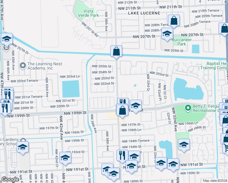 map of restaurants, bars, coffee shops, grocery stores, and more near 3641 Northwest 202nd Street in Miami Gardens