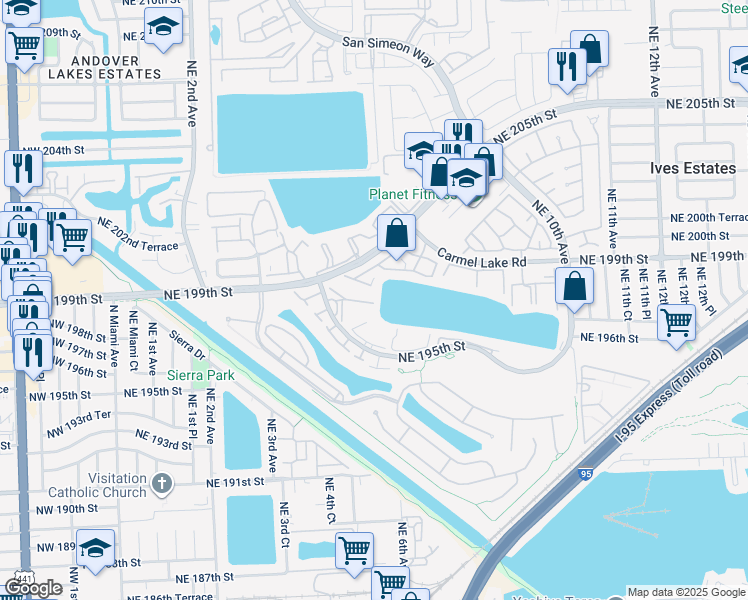map of restaurants, bars, coffee shops, grocery stores, and more near 564 Northeast 199th Terrace in Miami