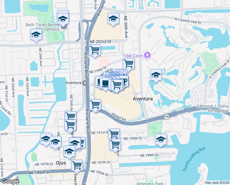 map of restaurants, bars, coffee shops, grocery stores, and more near 19575 Biscayne Boulevard in Aventura