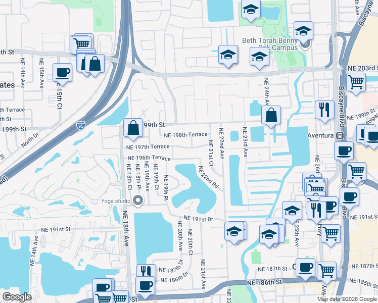 map of restaurants, bars, coffee shops, grocery stores, and more near 2045 Northeast 197th Terrace in North Miami Beach