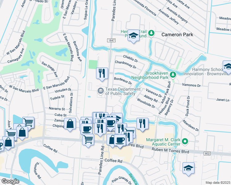 map of restaurants, bars, coffee shops, grocery stores, and more near 3119 Calle Maravillosa in Brownsville