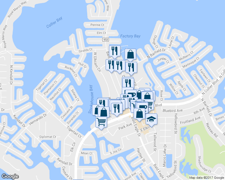 map of restaurants, bars, coffee shops, grocery stores, and more near 761 West Elkcam Circle in Marco Island