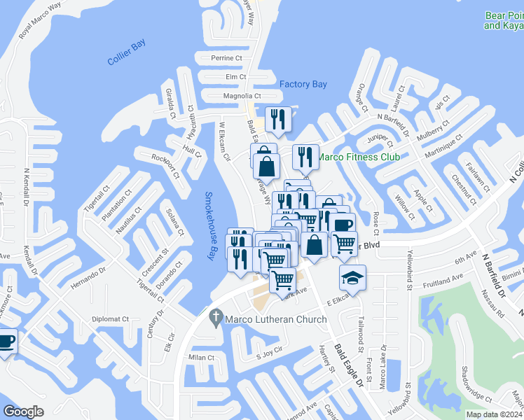 map of restaurants, bars, coffee shops, grocery stores, and more near 761 West Elkcam Circle in Marco Island