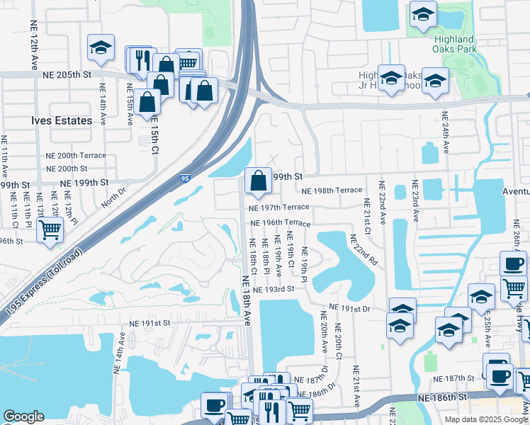 map of restaurants, bars, coffee shops, grocery stores, and more near 1850 Northeast 197th Terrace in Miami
