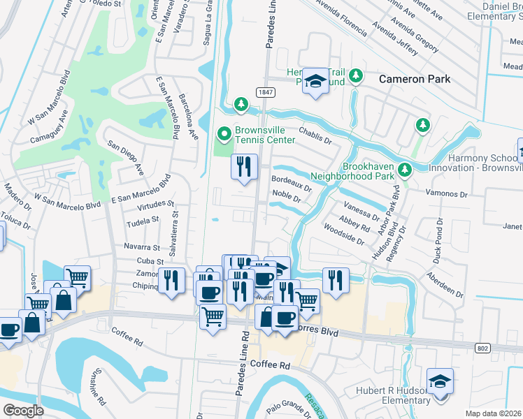 map of restaurants, bars, coffee shops, grocery stores, and more near 1001 Calle Milagros in Brownsville