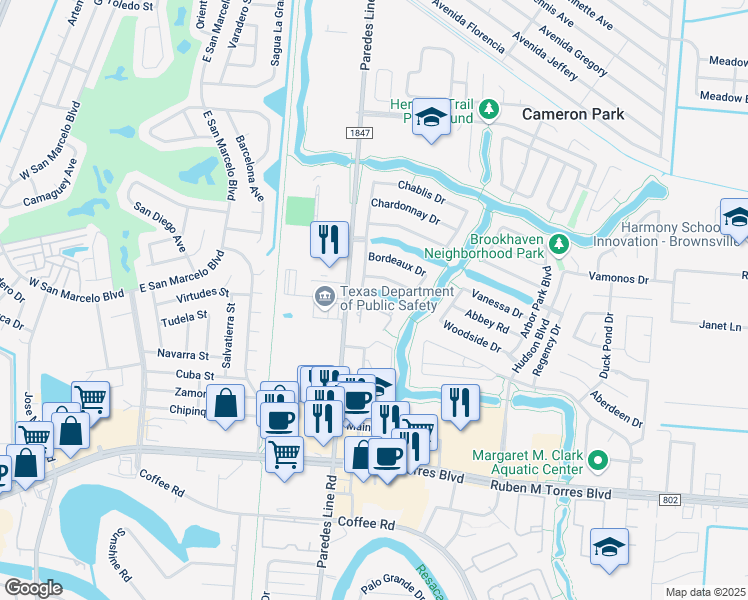 map of restaurants, bars, coffee shops, grocery stores, and more near 3119 Calle Maravillosa in Brownsville