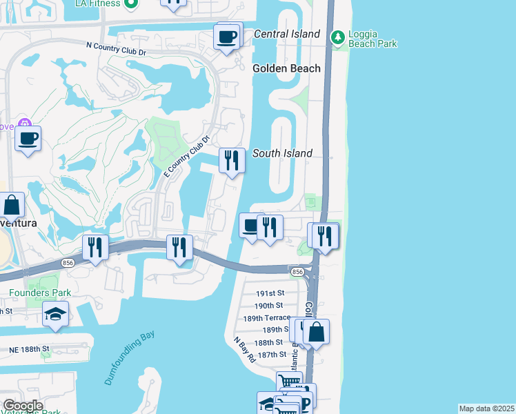 map of restaurants, bars, coffee shops, grocery stores, and more near 48 Terracina Avenue in Golden Beach