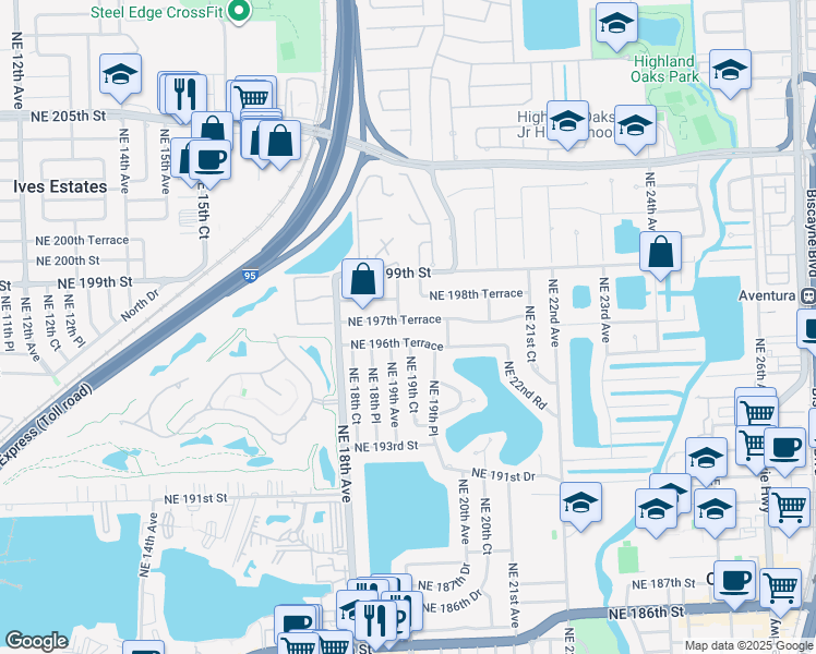 map of restaurants, bars, coffee shops, grocery stores, and more near 1910 Northeast 197th Terrace in Miami