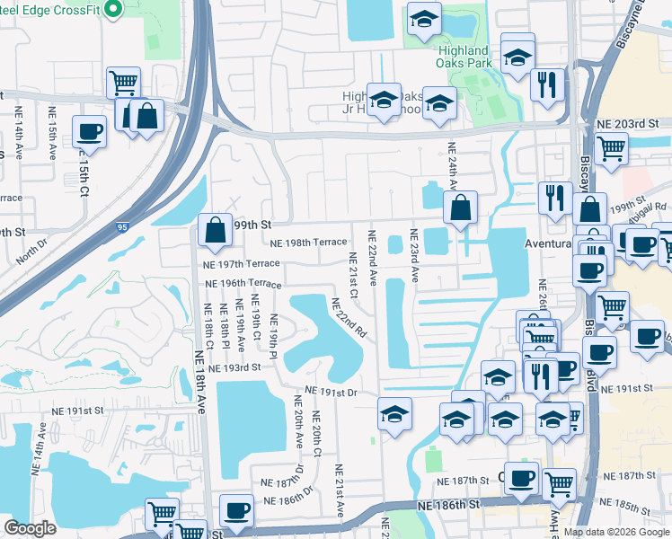 map of restaurants, bars, coffee shops, grocery stores, and more near 2180 Northeast 197th Terrace in Miami