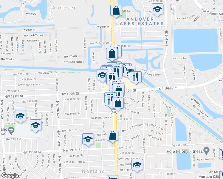 map of restaurants, bars, coffee shops, grocery stores, and more near in Miami Gardens