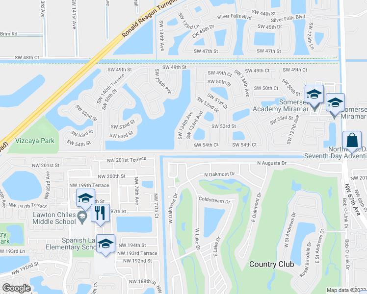 map of restaurants, bars, coffee shops, grocery stores, and more near 5441 Southwest 134th Avenue in Miramar