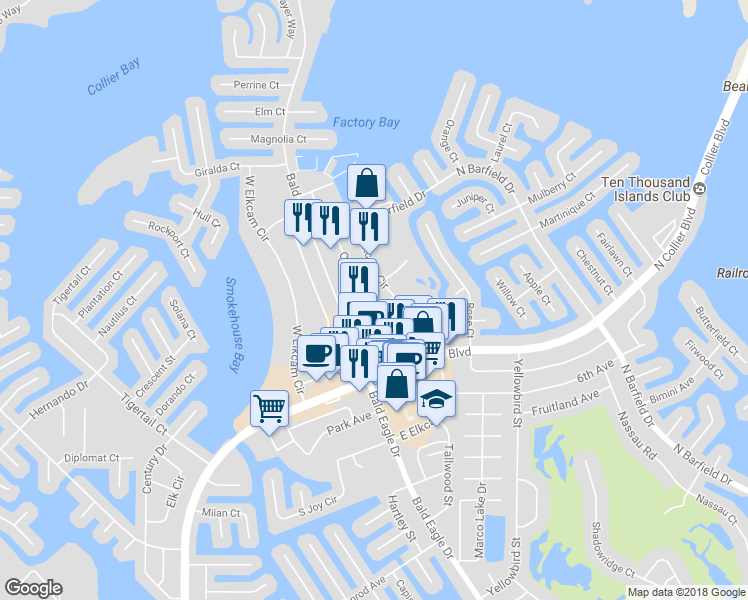 map of restaurants, bars, coffee shops, grocery stores, and more near 941 Windward Drive in Marco Island