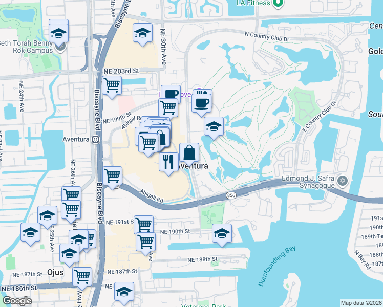 map of restaurants, bars, coffee shops, grocery stores, and more near 19655 West Country Club Drive in Aventura