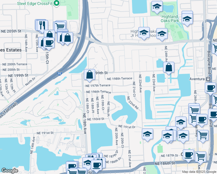 map of restaurants, bars, coffee shops, grocery stores, and more near 1990 Northeast 197th Terrace in North Miami Beach