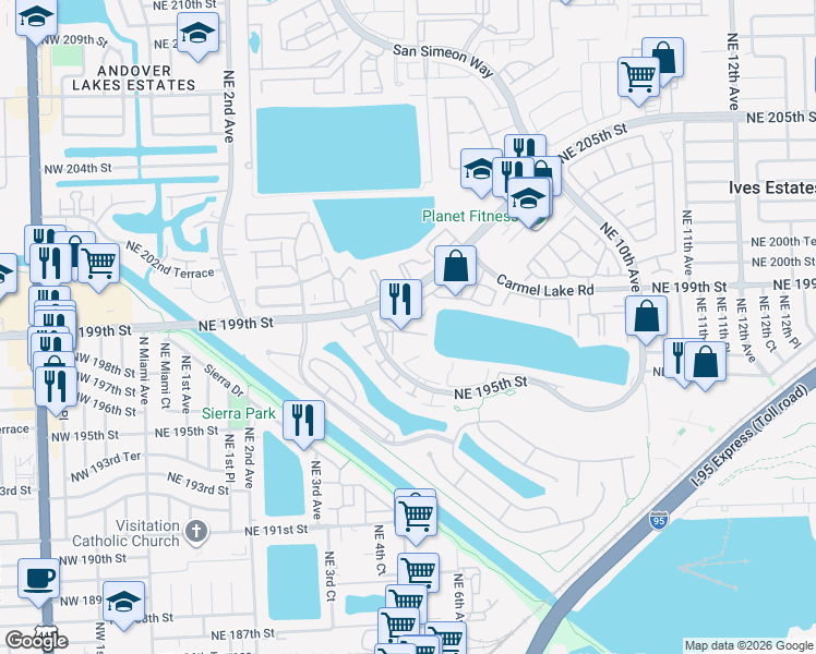 map of restaurants, bars, coffee shops, grocery stores, and more near 447 Northeast 195th Street in Miami