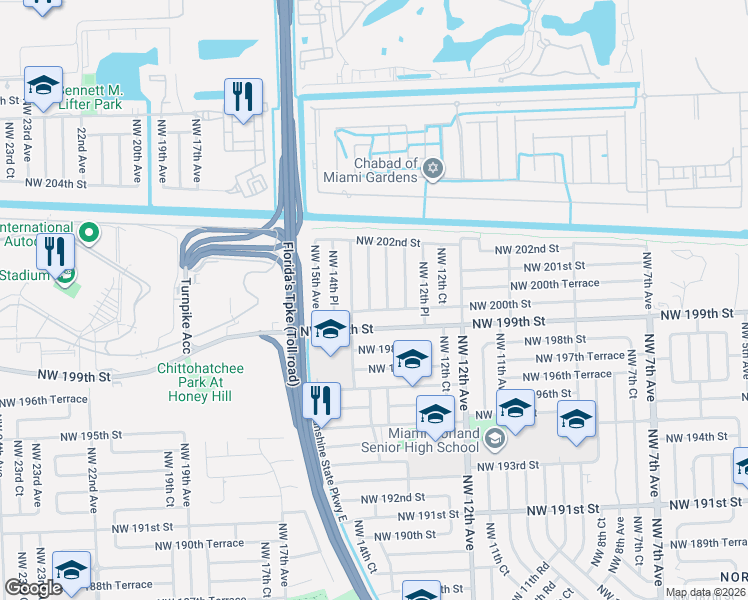 map of restaurants, bars, coffee shops, grocery stores, and more near 20020 Northwest 14th Avenue in Miami