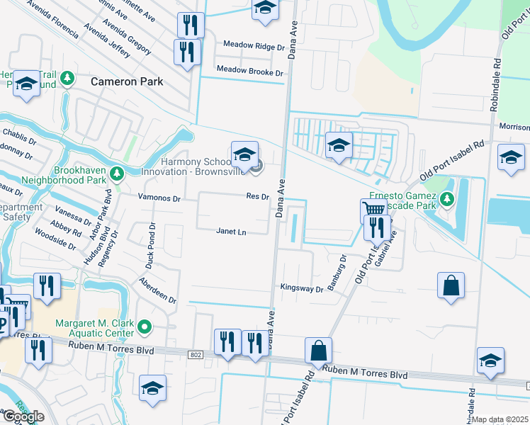 map of restaurants, bars, coffee shops, grocery stores, and more near 1405 Janet Lane in Brownsville