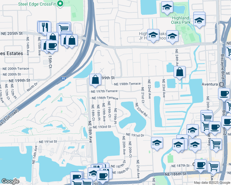 map of restaurants, bars, coffee shops, grocery stores, and more near 1990 Northeast 197th Terrace in North Miami Beach