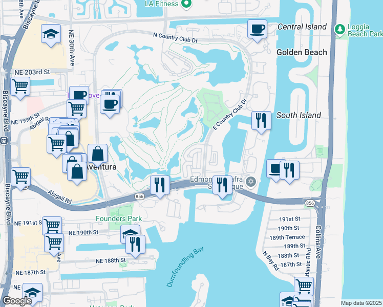 map of restaurants, bars, coffee shops, grocery stores, and more near 19700 East Country Club Drive in Aventura