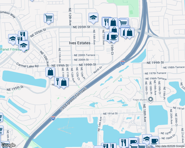 map of restaurants, bars, coffee shops, grocery stores, and more near 19712 Northeast 13th Place in North Miami Beach