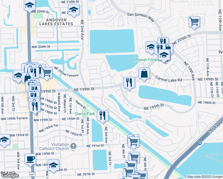 map of restaurants, bars, coffee shops, grocery stores, and more near 378 Northeast 195th Street in Miami