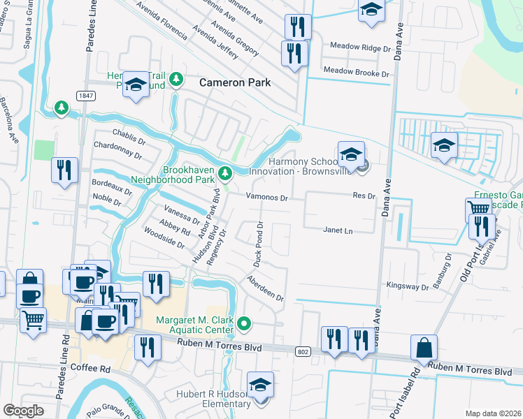 map of restaurants, bars, coffee shops, grocery stores, and more near Ticonderoga Drive in Brownsville