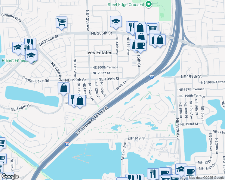 map of restaurants, bars, coffee shops, grocery stores, and more near 19712 Northeast 13th Place in North Miami Beach