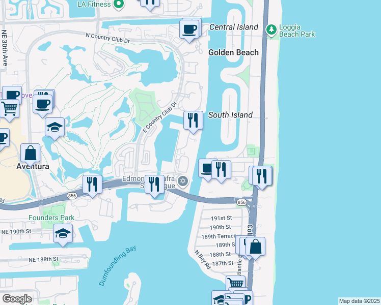 map of restaurants, bars, coffee shops, grocery stores, and more near 19667 Turnberry Way in Aventura