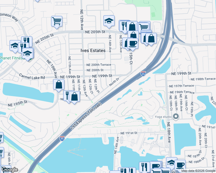 map of restaurants, bars, coffee shops, grocery stores, and more near 19712 Northeast 13th Place in North Miami Beach