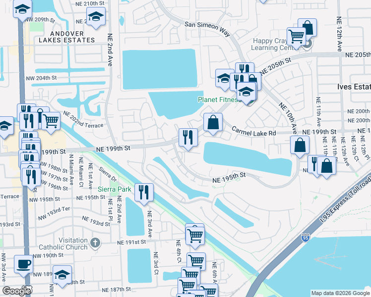 map of restaurants, bars, coffee shops, grocery stores, and more near 447 Northeast 195th Street in Miami
