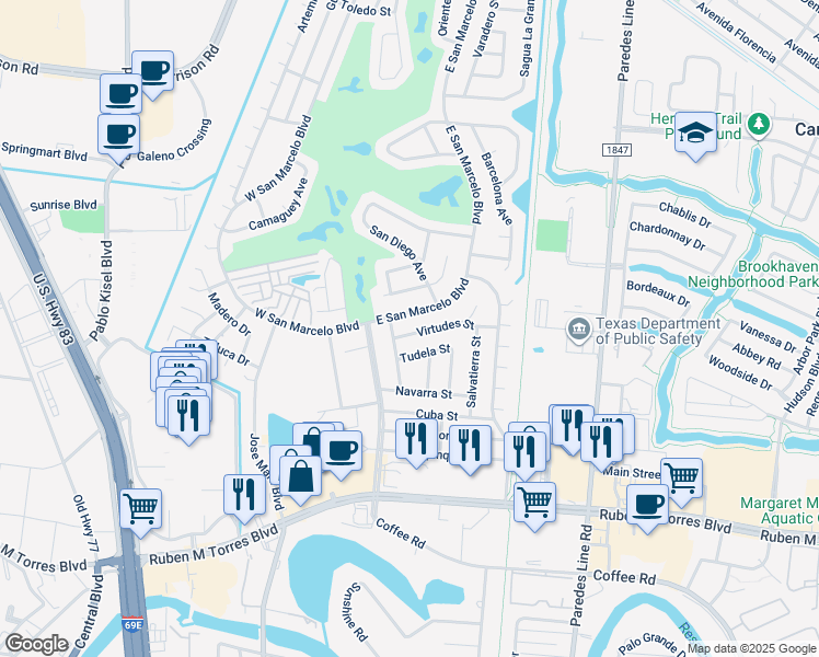 map of restaurants, bars, coffee shops, grocery stores, and more near 25 Virtudes Street in Brownsville