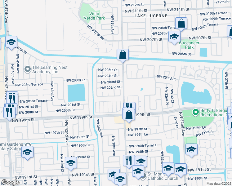 map of restaurants, bars, coffee shops, grocery stores, and more near 20156 Northwest 37th Place in Miami Gardens