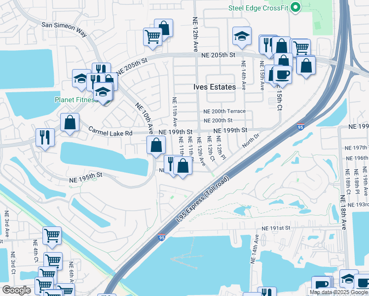 map of restaurants, bars, coffee shops, grocery stores, and more near 19725 NE 11th Ct in North Miami Beach