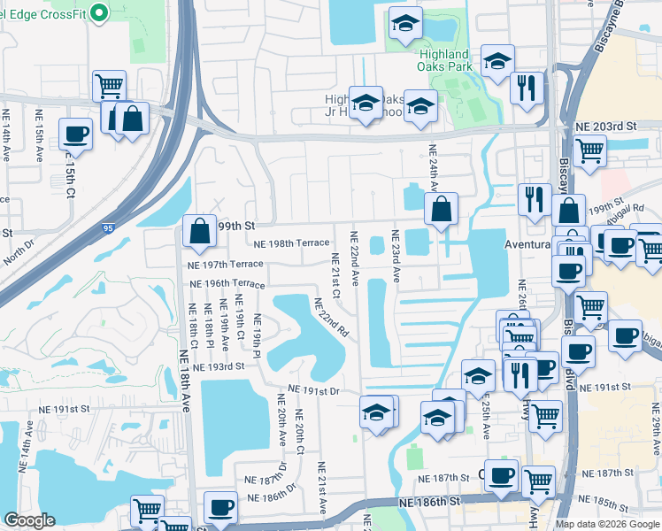 map of restaurants, bars, coffee shops, grocery stores, and more near 2180 Northeast 197th Terrace in Miami