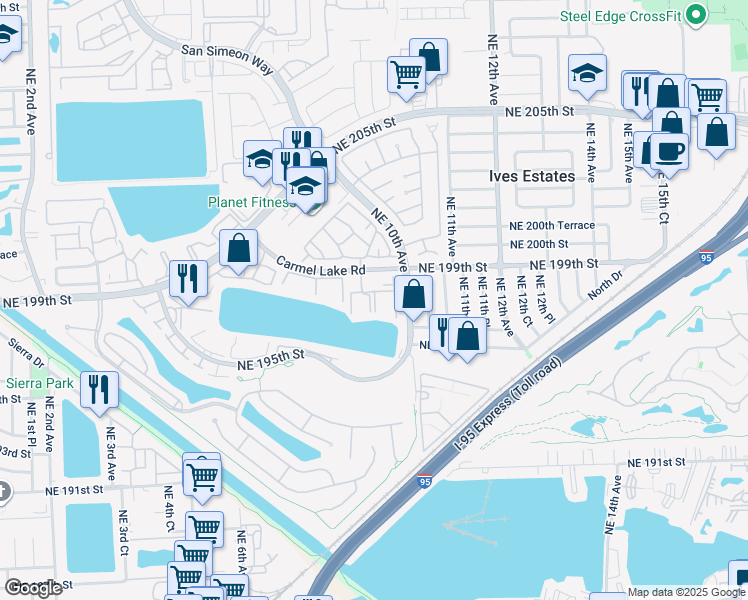 map of restaurants, bars, coffee shops, grocery stores, and more near 922 Northeast 199th Street in North Miami Beach