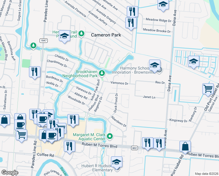 map of restaurants, bars, coffee shops, grocery stores, and more near Ticonderoga Dr in Brownsville