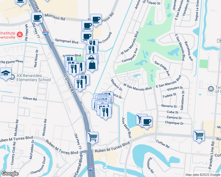 map of restaurants, bars, coffee shops, grocery stores, and more near 665 Fresnillo Drive in Brownsville