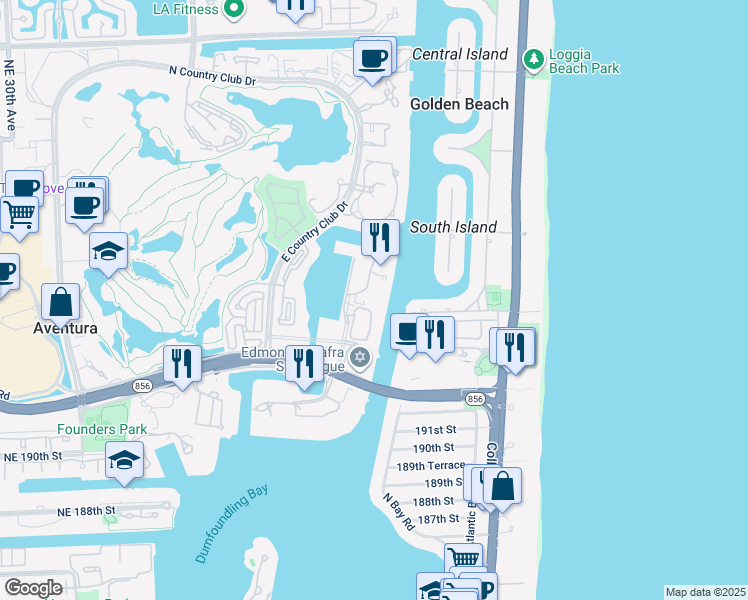 map of restaurants, bars, coffee shops, grocery stores, and more near 19667 Turnberry Way in Miami