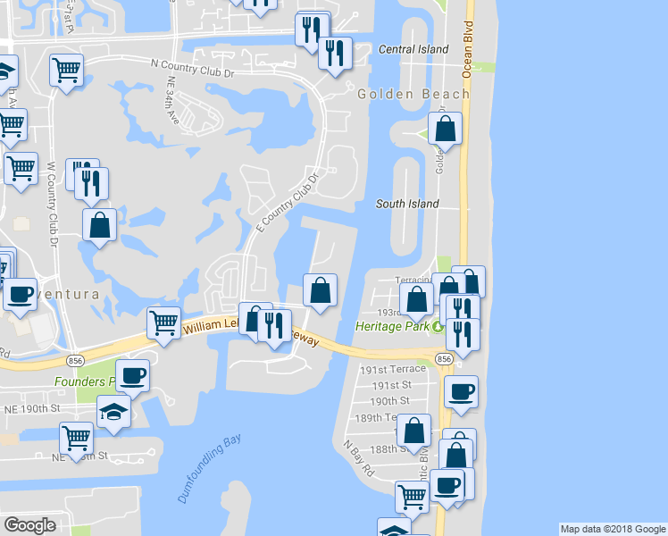 map of restaurants, bars, coffee shops, grocery stores, and more near 19667 Turnberry Way in Miami