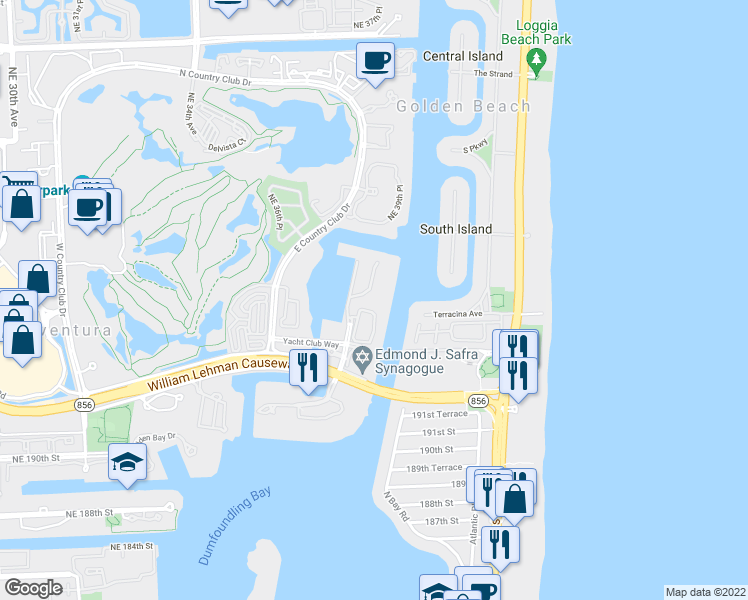 map of restaurants, bars, coffee shops, grocery stores, and more near 19667 Turnberry Way in Miami