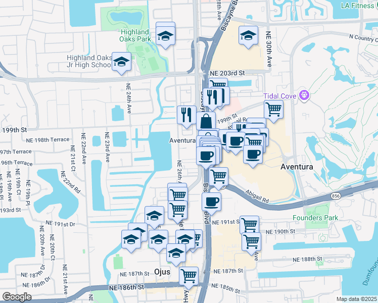 map of restaurants, bars, coffee shops, grocery stores, and more near 19770 West Dixie Highway in Miami