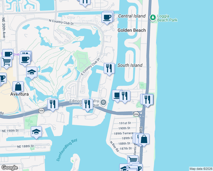 map of restaurants, bars, coffee shops, grocery stores, and more near 19667 Turnberry Way in Aventura