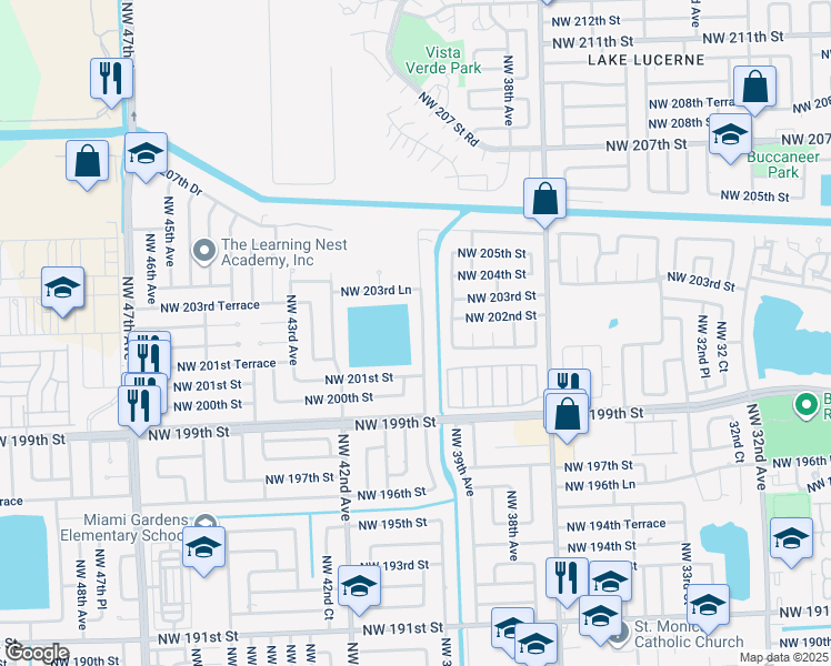 map of restaurants, bars, coffee shops, grocery stores, and more near 20222 Northwest 39th Court in Miami Gardens
