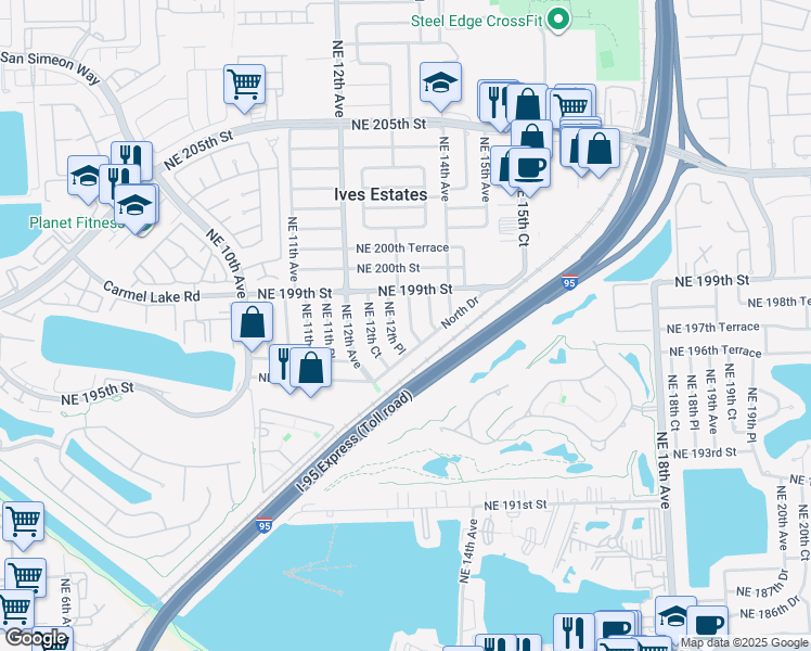 map of restaurants, bars, coffee shops, grocery stores, and more near 19712 Northeast 13th Place in North Miami Beach