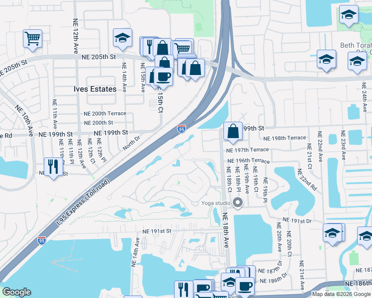 map of restaurants, bars, coffee shops, grocery stores, and more near 19650 Presidential Way in Miami
