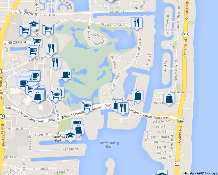 map of restaurants, bars, coffee shops, grocery stores, and more near 19698 East Country Club Drive in Aventura