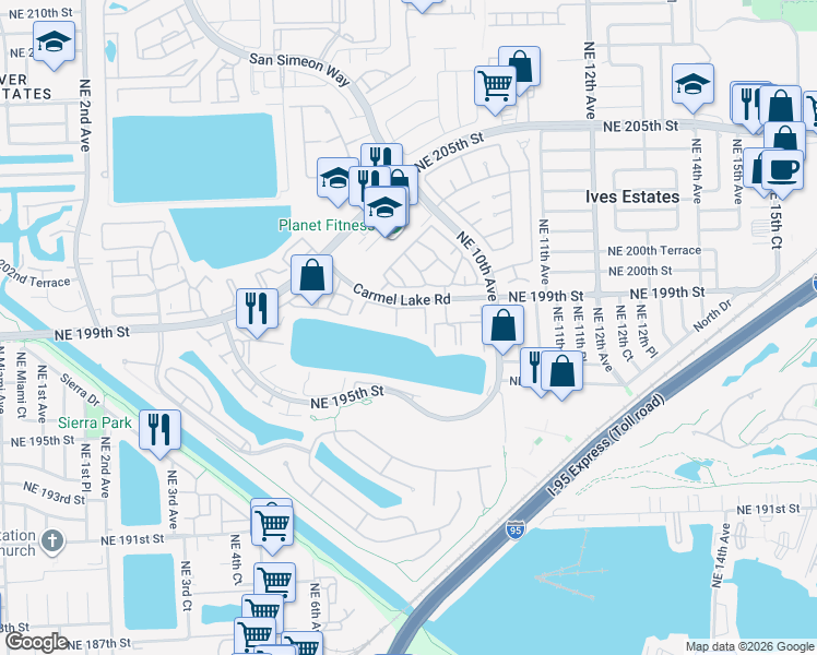 map of restaurants, bars, coffee shops, grocery stores, and more near 840 Northeast 199th Street in North Miami Beach