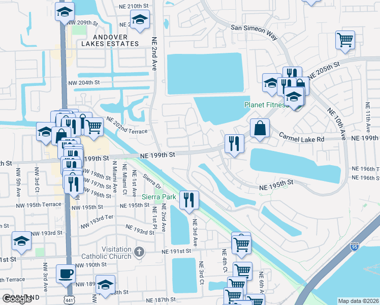 map of restaurants, bars, coffee shops, grocery stores, and more near 378 Northeast 195th Street in Miami